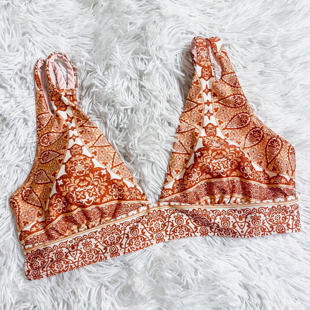 CHELSEA & VIOLET • Orange + Cream Printed Triangle Swim Bikini Top